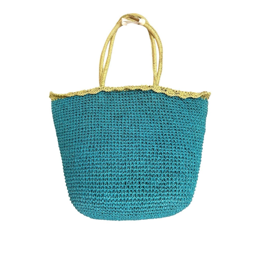 Vintage Tropical Fish Embroidered Crochet Straw Tote Bag Blue Summer Vacation - Picture 4 of 14
